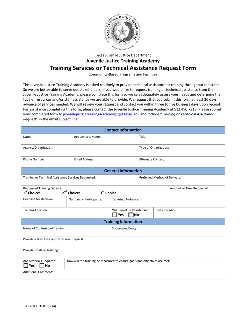 Form TJJD-CER-150 Training Services or Technical Assistance Request Form - Texas, Page 1