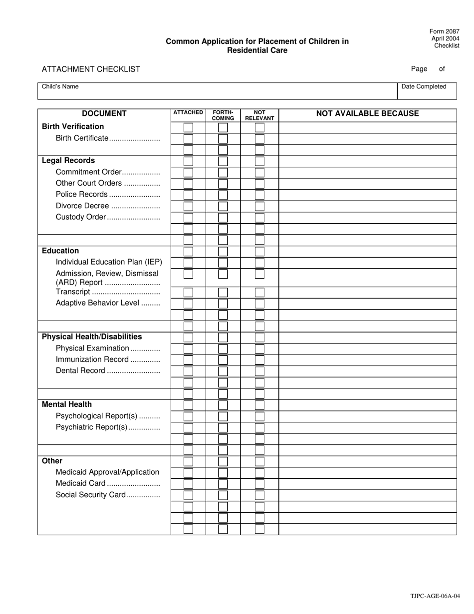 Form TJPC-AGE-06A-04 (2087) Interagency Application for Placement (Iap) - Texas, Page 18