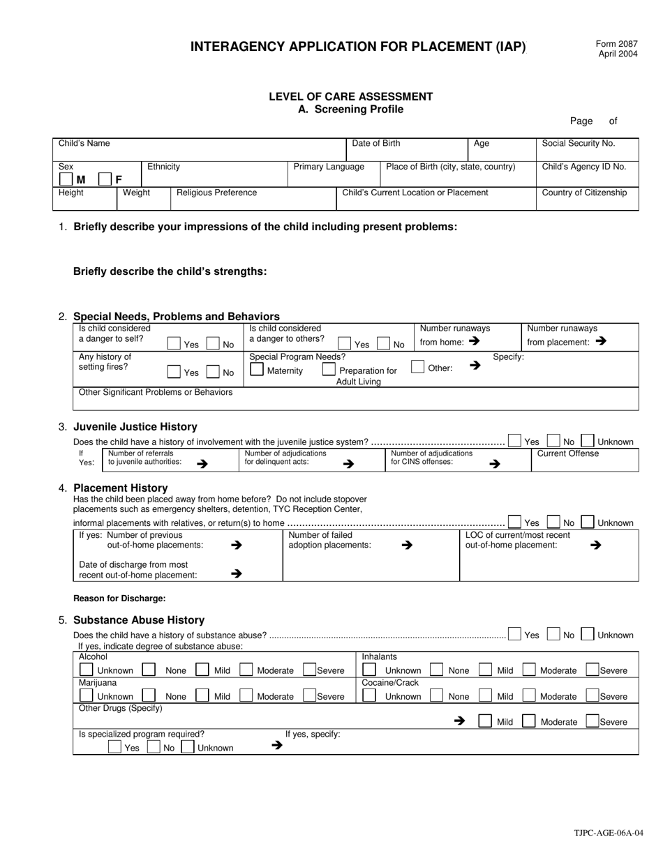 Form TJPC-AGE-06A-04 (2087) Interagency Application for Placement (Iap) - Texas, Page 1