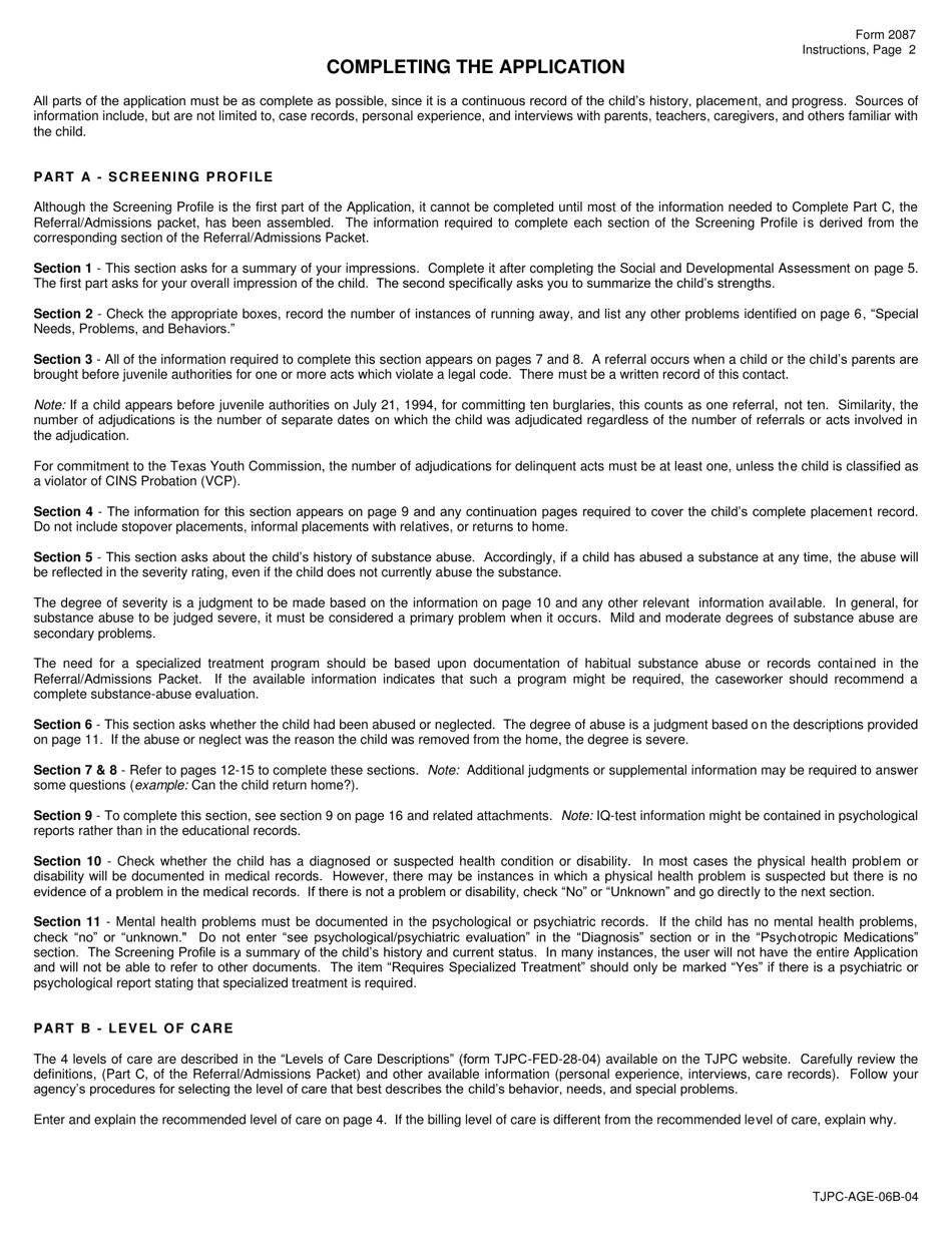 Instructions for Form TJPC-AGE-06A-04, 2087 Interagency Application for Placement (Iap) - Texas, Page 2