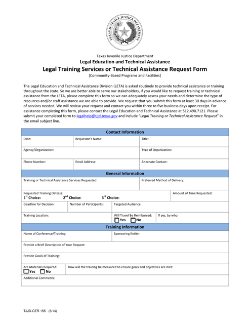 Form TJJD-CER-155 Legal Training Services or Technical Assistance Request Form - Texas
