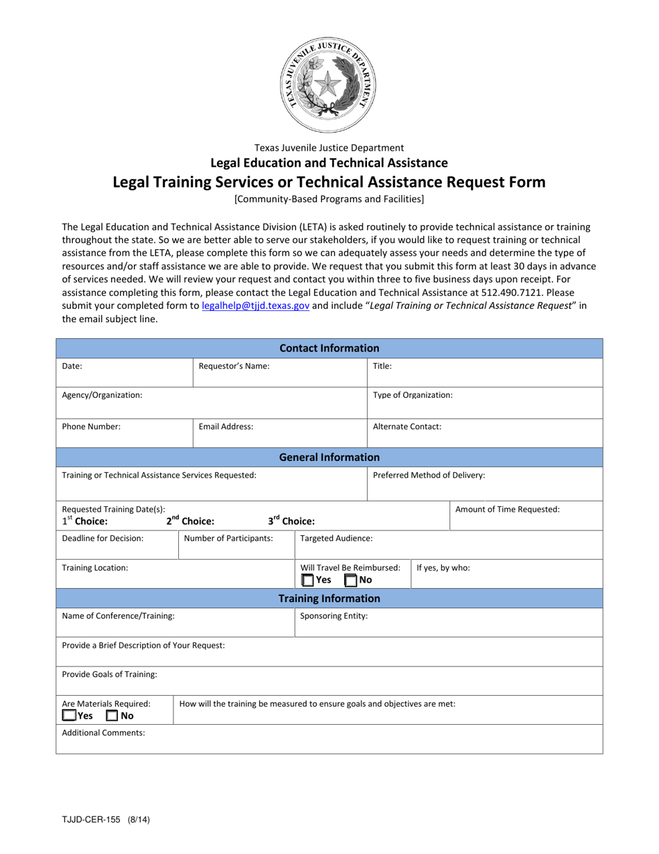 Form TJJD-CER-155 Legal Training Services or Technical Assistance Request Form - Texas, Page 1