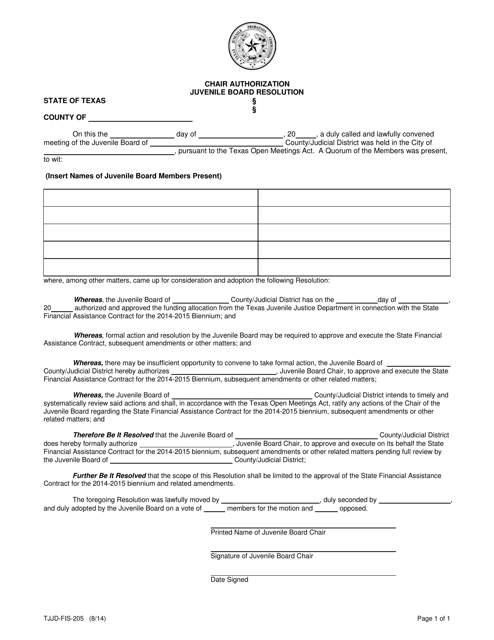 Form TJJD-FIS-205 State Financial Assistance Chair Authorization - Texas