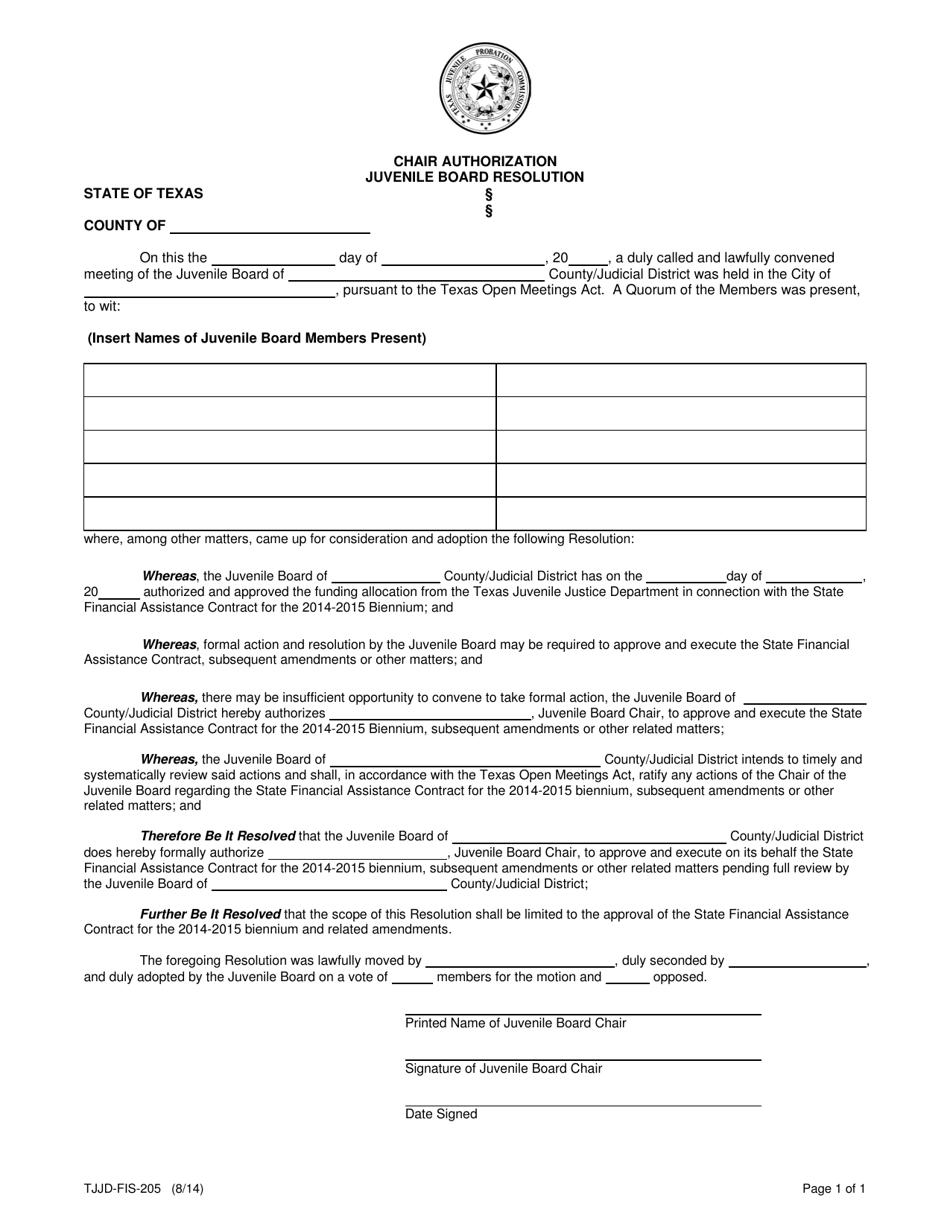 Form TJJD-FIS-205 State Financial Assistance Chair Authorization - Texas, Page 1