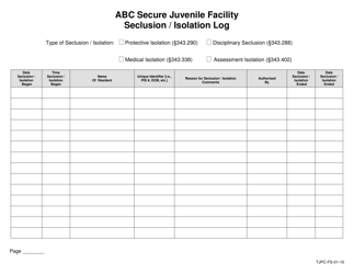Document preview: Form TJPC-FS-01-10 Seclusion/Isolation Log - Texas