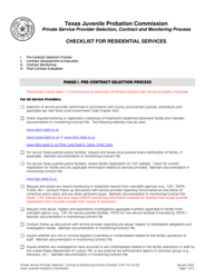 Document preview: Form TJPC-FIS-20-05 Private Service Provider Selection, Contract and Monitoring Process Checklist for Residential Services - Texas
