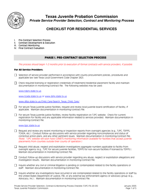 Form TJPC-FIS-20-05 Private Service Provider Selection, Contract and Monitoring Process Checklist for Residential Services - Texas