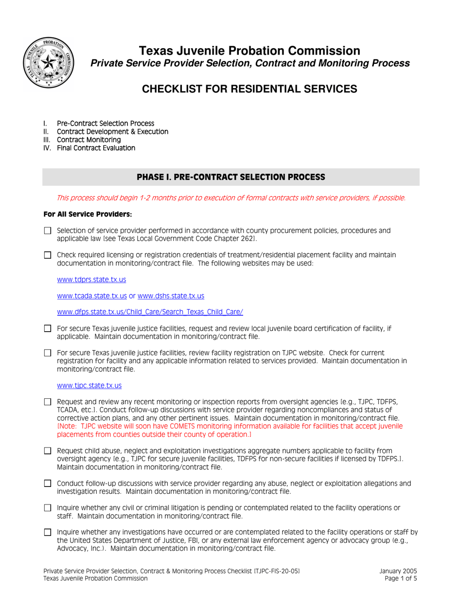 Form TJPC-FIS-20-05 Private Service Provider Selection, Contract and Monitoring Process Checklist for Residential Services - Texas, Page 1