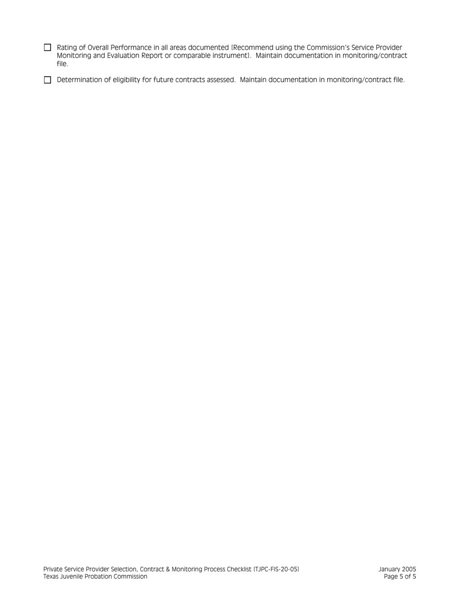Form TJPC-FIS-20-05 Private Service Provider Selection, Contract and Monitoring Process Checklist for Residential Services - Texas, Page 5