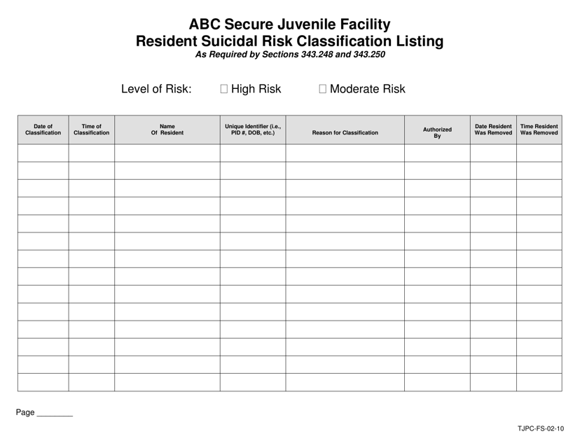 Form TJPC-FS-02-10 Abc Secure Juvenile Facility Resident Suicidal Risk Classification Listing - Texas