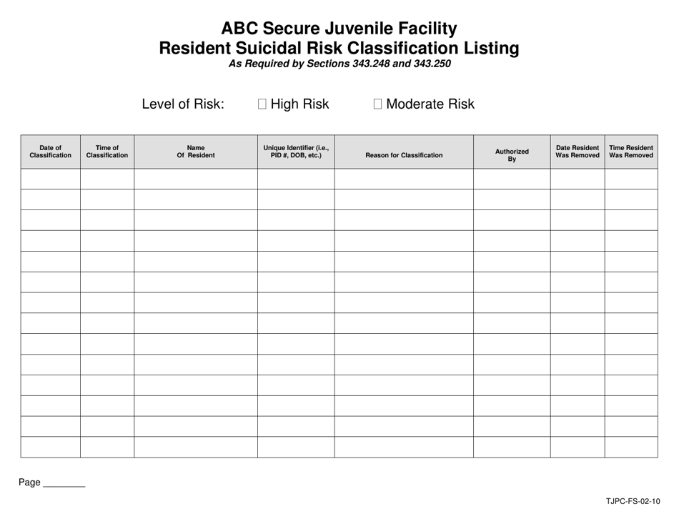 Form TJPC-FS-02-10 Abc Secure Juvenile Facility Resident Suicidal Risk Classification Listing - Texas, Page 1