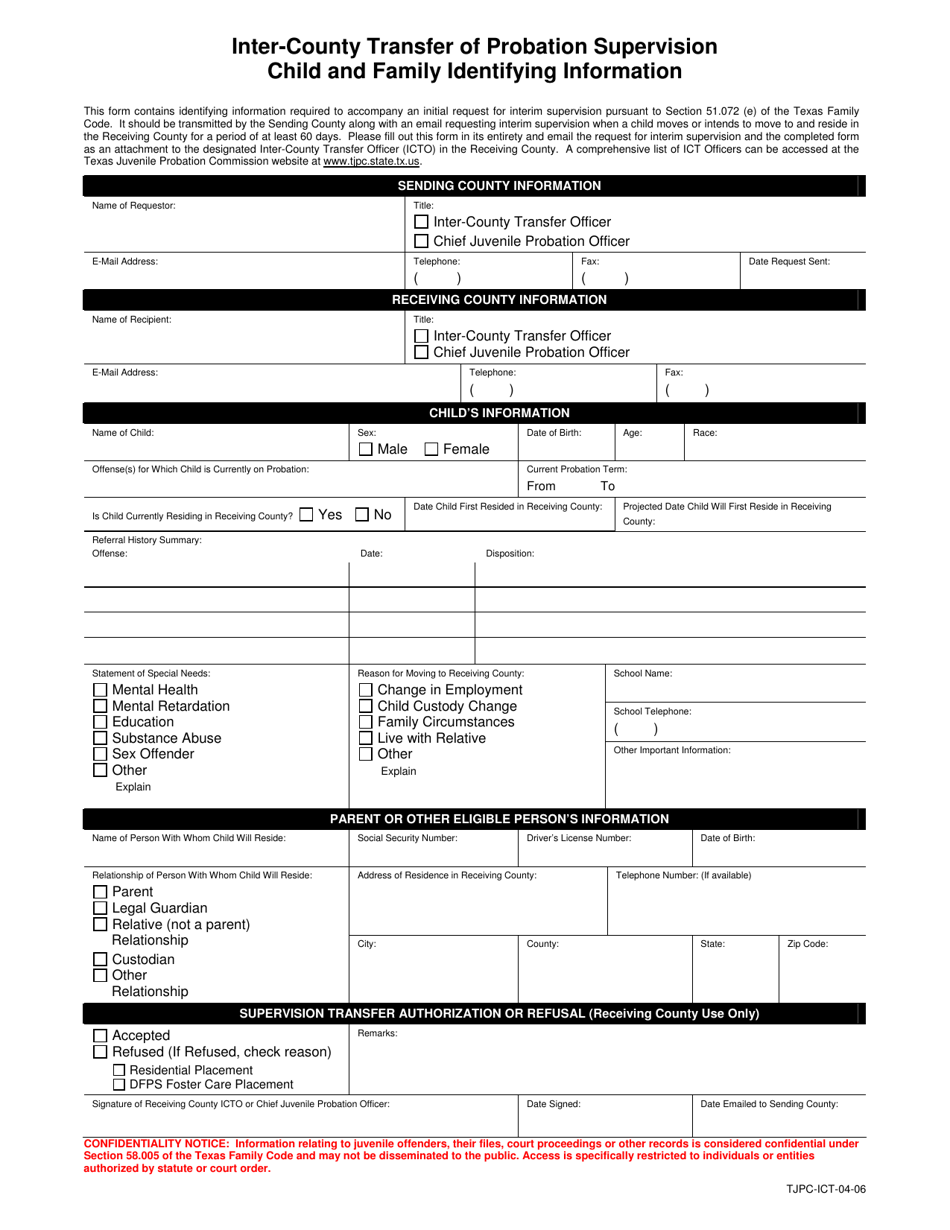 Form TJPC-ICT-04-06 Inter-County Transfer of Probation Supervision Child and Family Identifying Information - Texas, Page 1