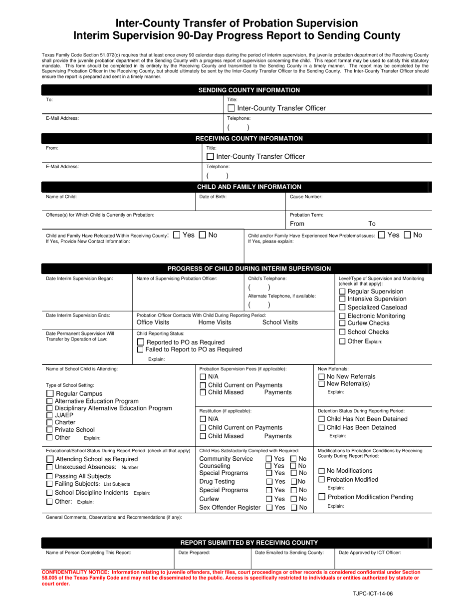 Form TJPC-ICT-14-06 Interim Supervision 90-day Progress Report to Sending County - Texas, Page 1