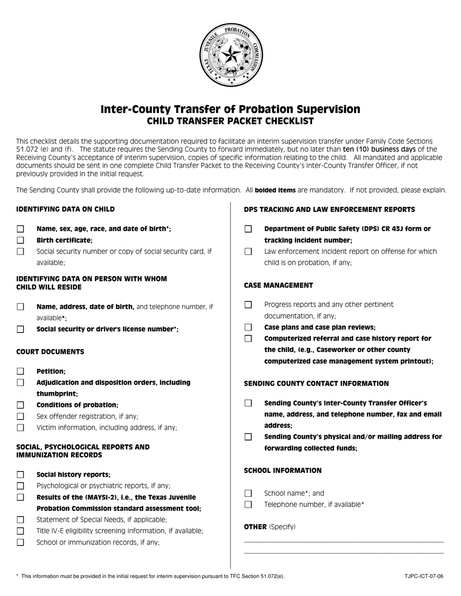 Form TJPC-ICT-07-06 Child Transfer Packet Checklist - Texas, Page 1