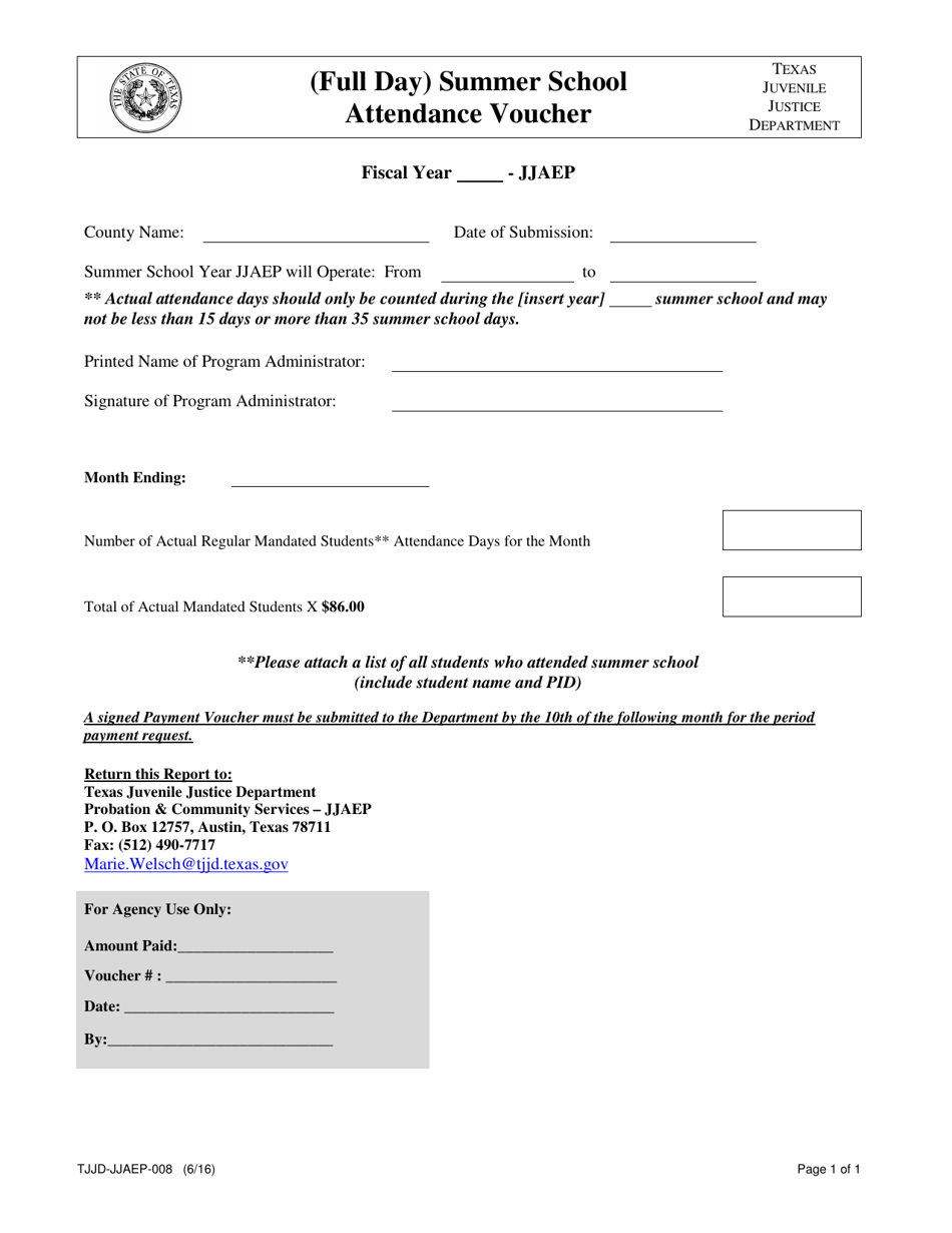 Form TJJD-JJAEP-008 (Full Day) Summer School Attendance Voucher - Texas, Page 1