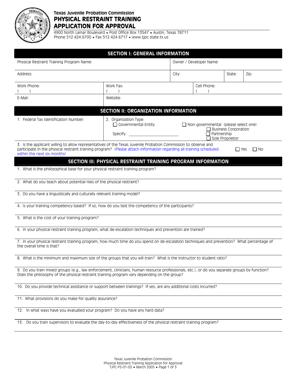 Form TJPC-FS-01-05 Physical Restraint Training Application for Approval - Texas, Page 1