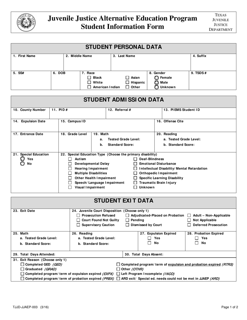 Form TJJD-JJAEP-003 Student Information Form - Texas, Page 1