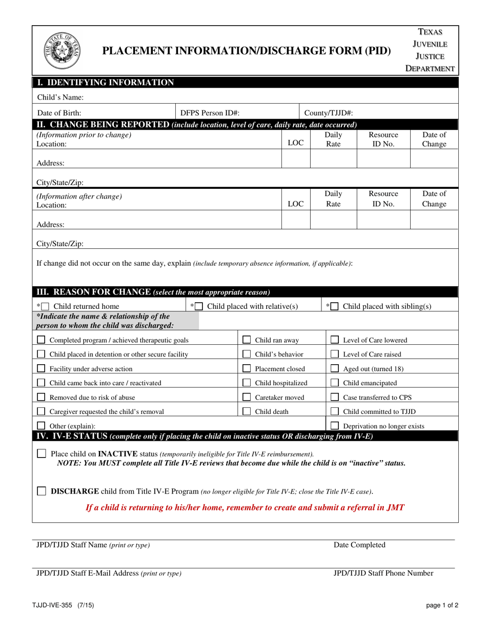 Form TJJD-IVE-355 Placement Information / Discharge Form (Pid) - Texas, Page 1