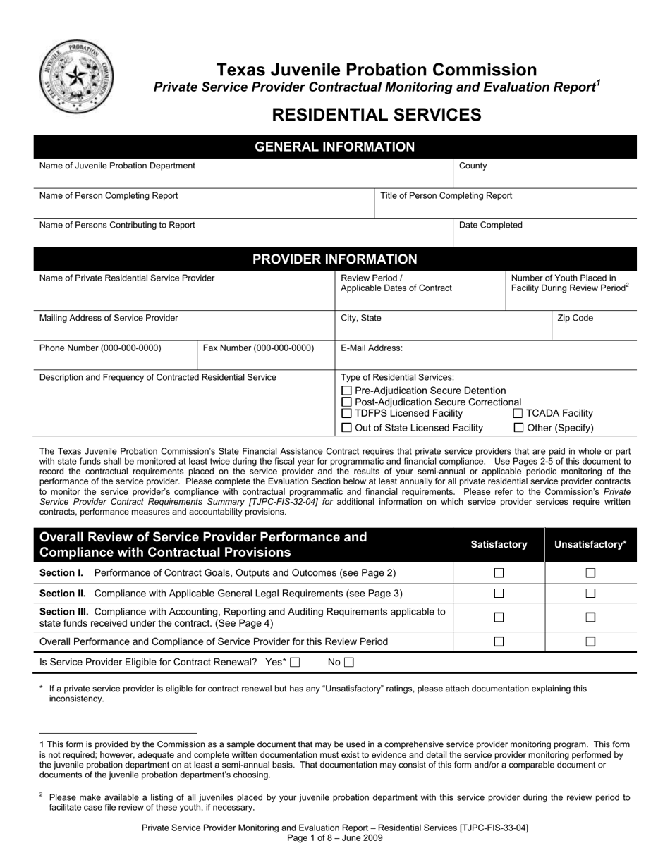 Form TJPC-FIS-33-04 Private Service Provider Contractual Monitoring and Evaluation Report - Texas, Page 1