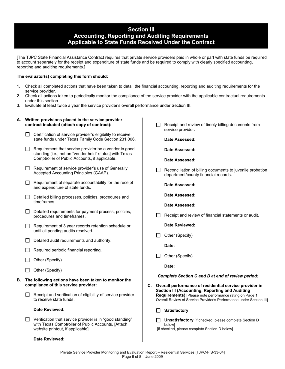 Form TJPC-FIS-33-04 Private Service Provider Contractual Monitoring and Evaluation Report - Texas, Page 6