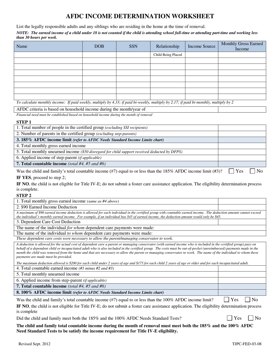 Form TJPC-FED-03-08 AFDC Income Determination Worksheet - Texas, Page 1