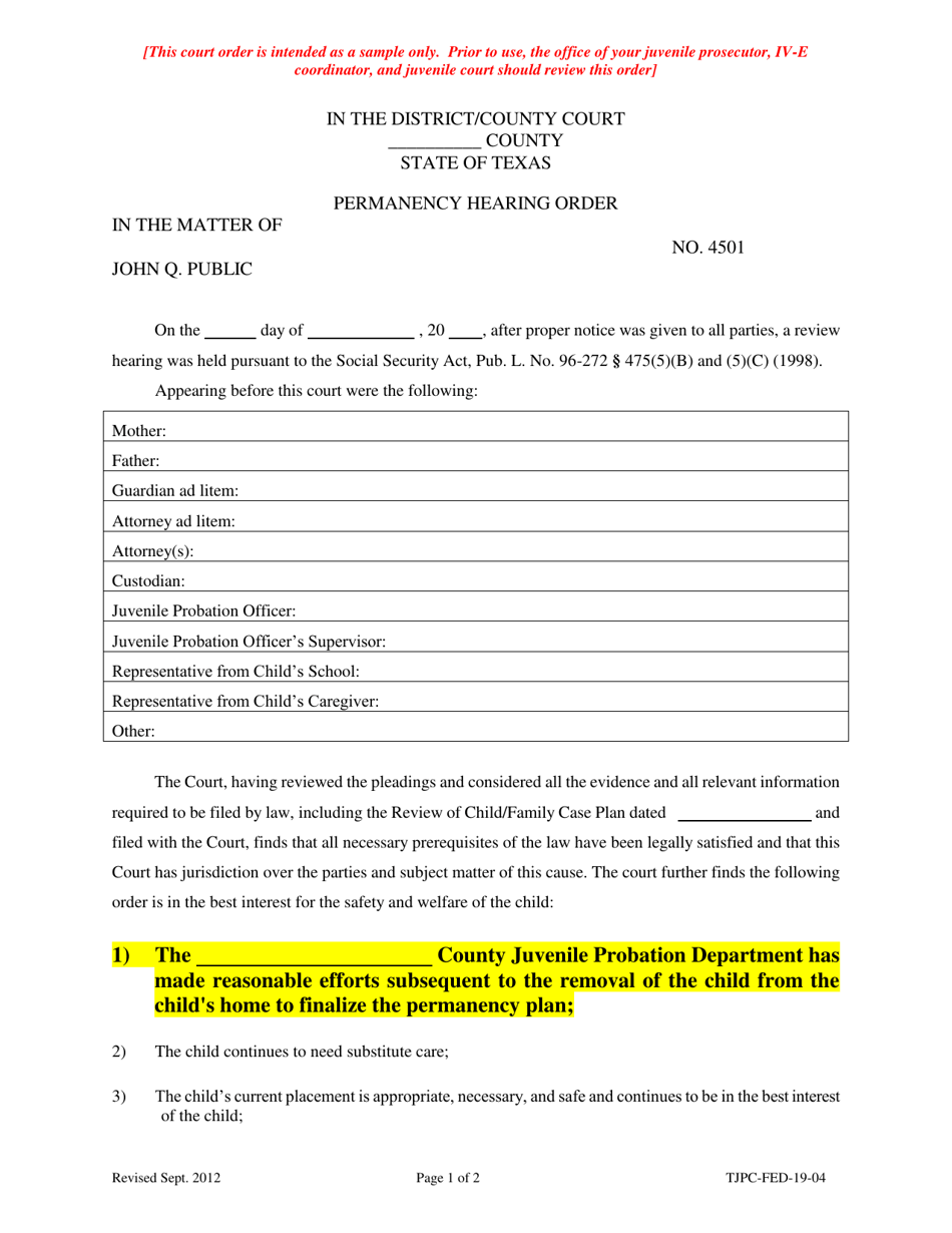 Form TJPC-FED-19-04 Permanency Hearing Order - Texas, Page 1
