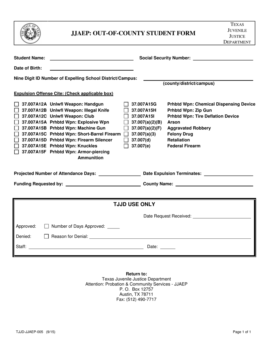 Form TJJD-JJAEP-005 Out-Of-County Student Form - Texas, Page 1