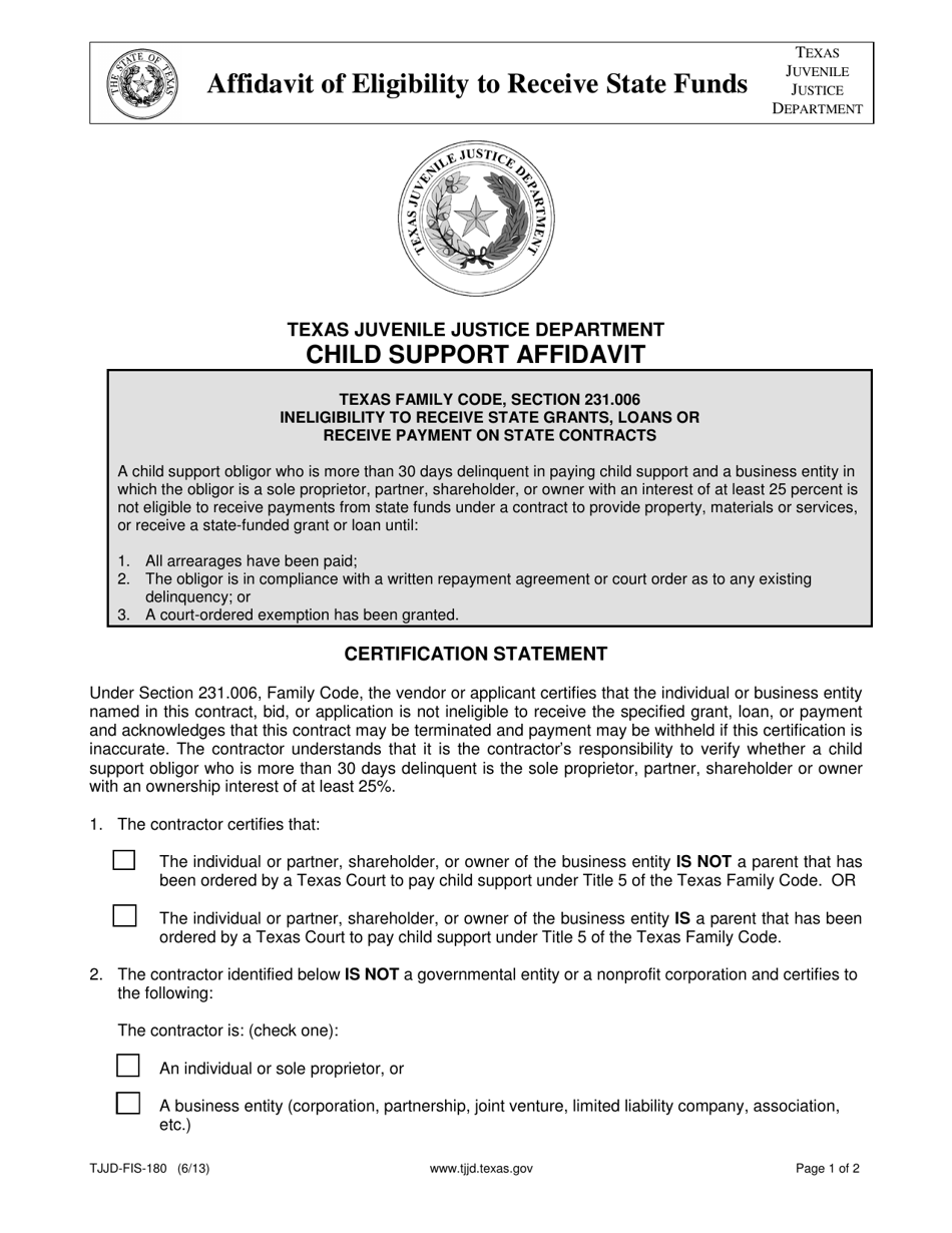 Form TJJD-FIS-180 Affidavit of Eligibility to Receive State Funds - Texas, Page 1