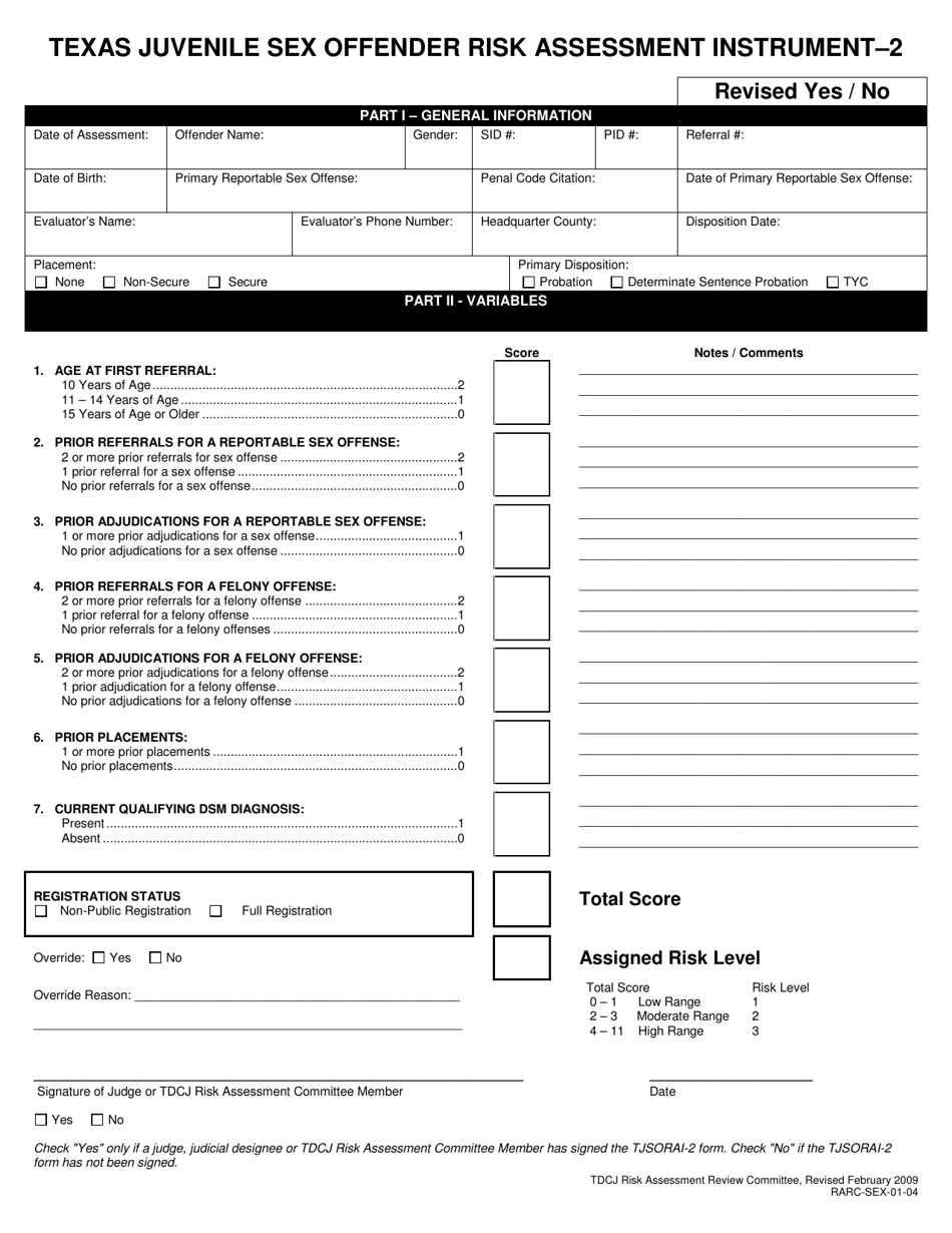 Form RARC-SEX-01-04 Texas Juvenile Sex Offender Risk Assessment Instrument - Texas, Page 1