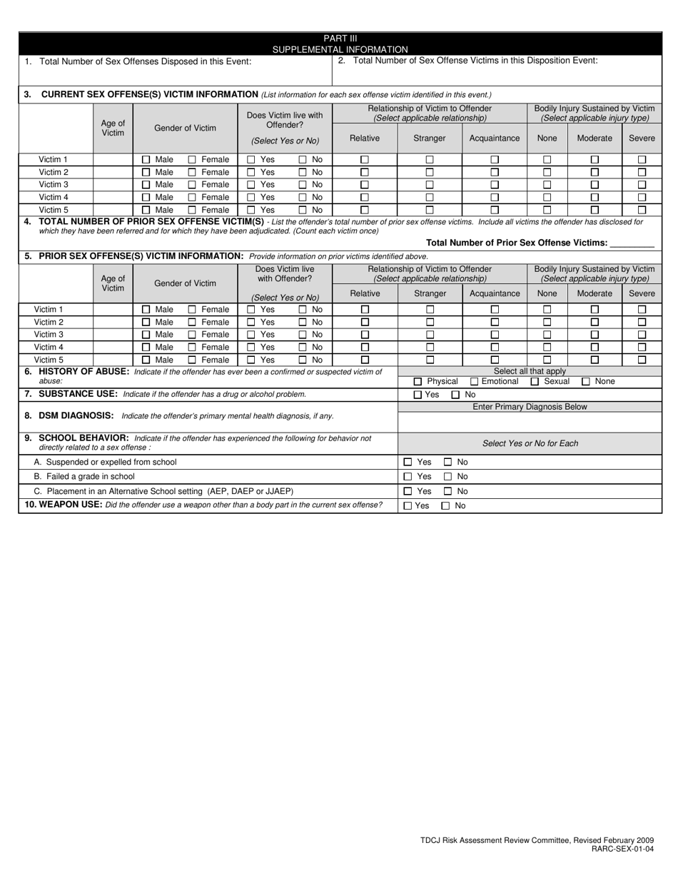 Form RARC-SEX-01-04 Texas Juvenile Sex Offender Risk Assessment Instrument - Texas, Page 2