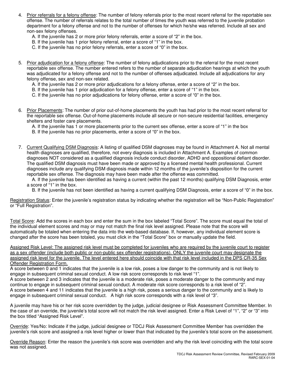 Form RARC-SEX-01-04 Texas Juvenile Sex Offender Risk Assessment Instrument - Texas, Page 5