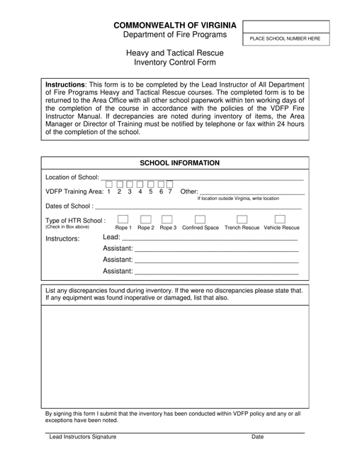 Heavy and Tactical Rescue Inventory Control Form - Virginia