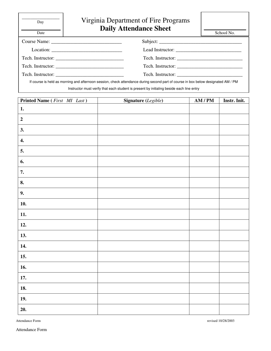 Daily Attendance Sheet - Virginia, Page 1