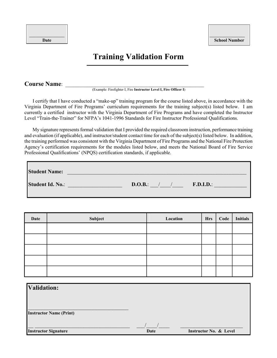 Virginia Training Validation Form Fill Out, Sign Online and Download