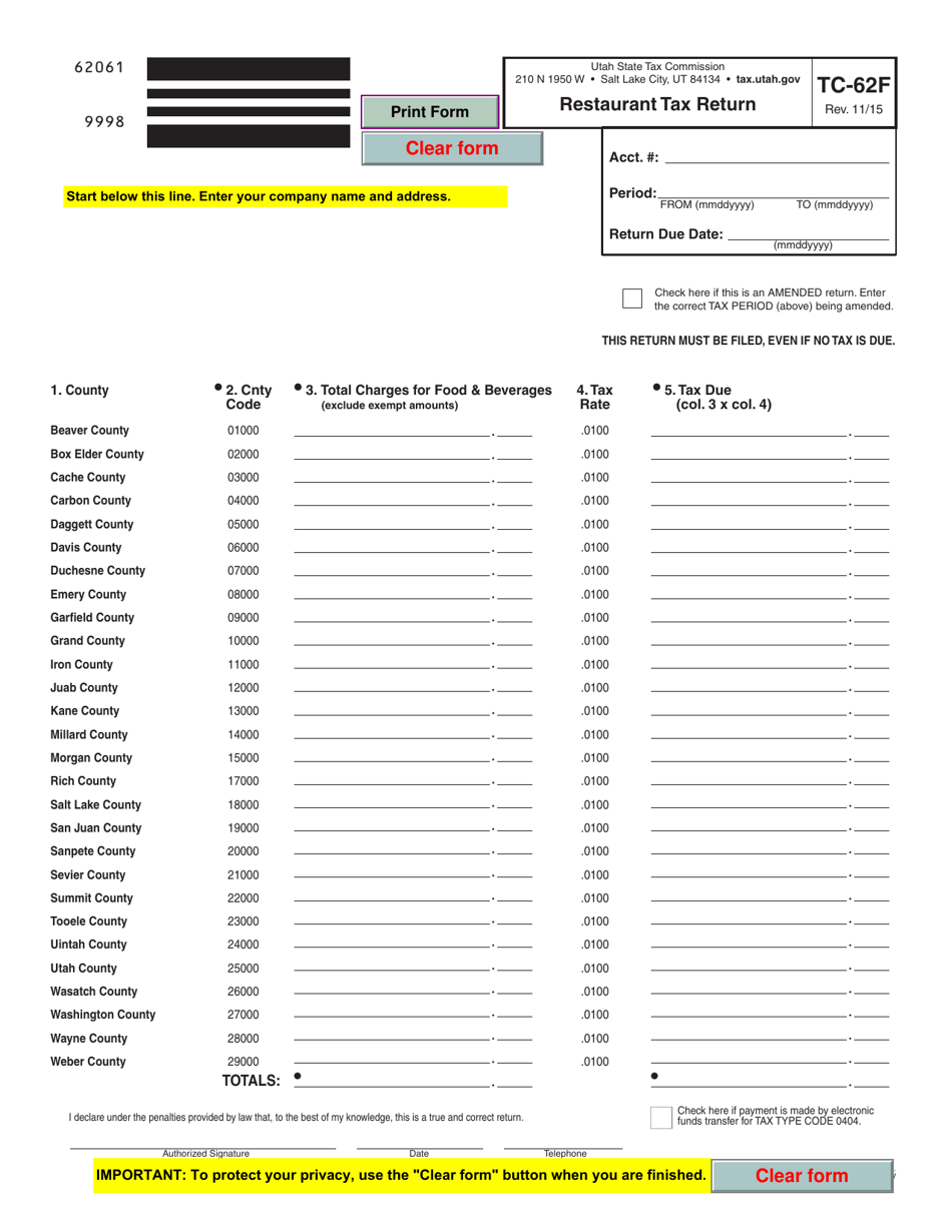 Form TC-62F Restaurant Tax Return - Utah, Page 1