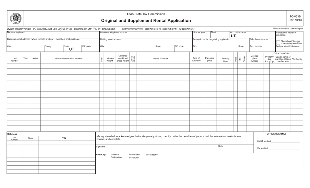 Form TC-853B Original and Supplement Rental Application - Utah