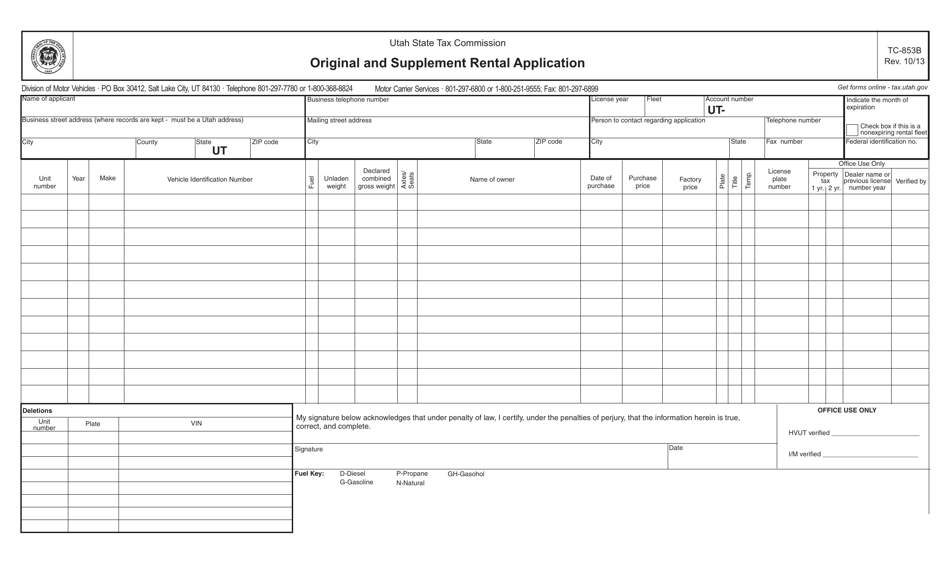 Form TC-853B Original and Supplement Rental Application - Utah, Page 1