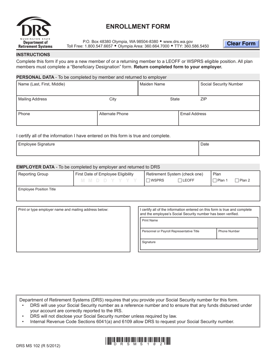 Form DRS MS102 Enrollment Form - Washington, Page 1