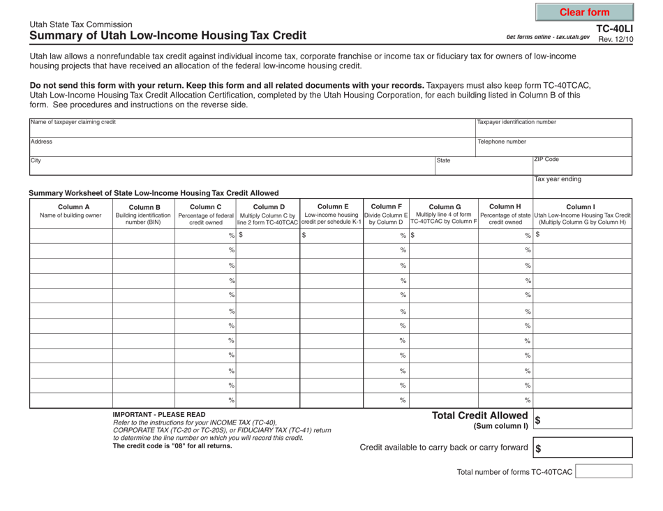 Form TC-40LI Summary of Utah Low-Income Housing Tax Credit - Utah, Page 1