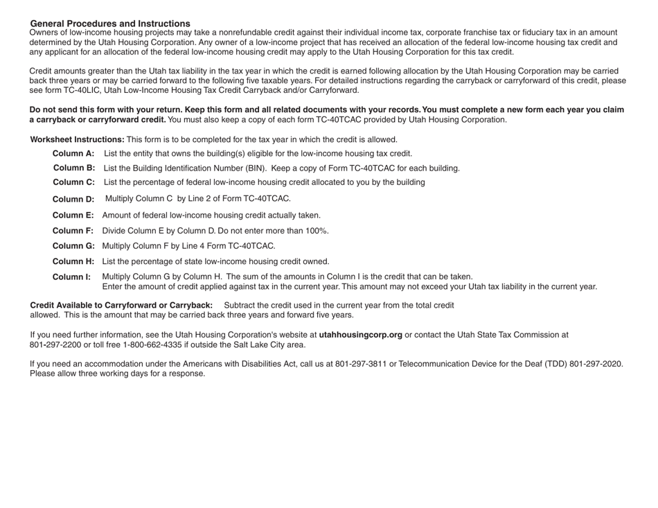 Form TC-40LI Summary of Utah Low-Income Housing Tax Credit - Utah, Page 2