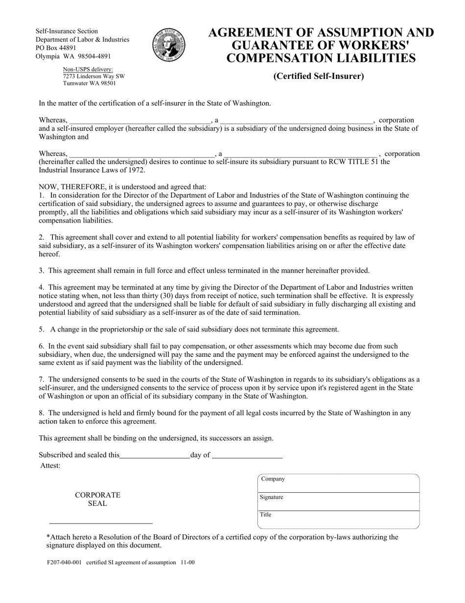 Form F207-040-001 Agreement of Assumption and Guarantee of Workers Compensation Liabilities (Certified Self-insurer) - Washington, Page 1
