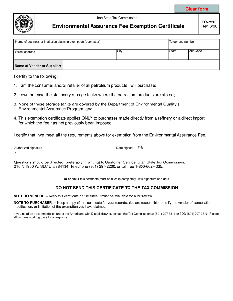 Form TC-721E Environmental Assurance Fee Exemption Certificate - Utah, Page 1