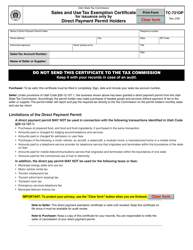Document preview: Form TC-721DP Sales and Use Tax Exemption Certificate for Issuance Only by Direct Payment Permit Holders - Utah
