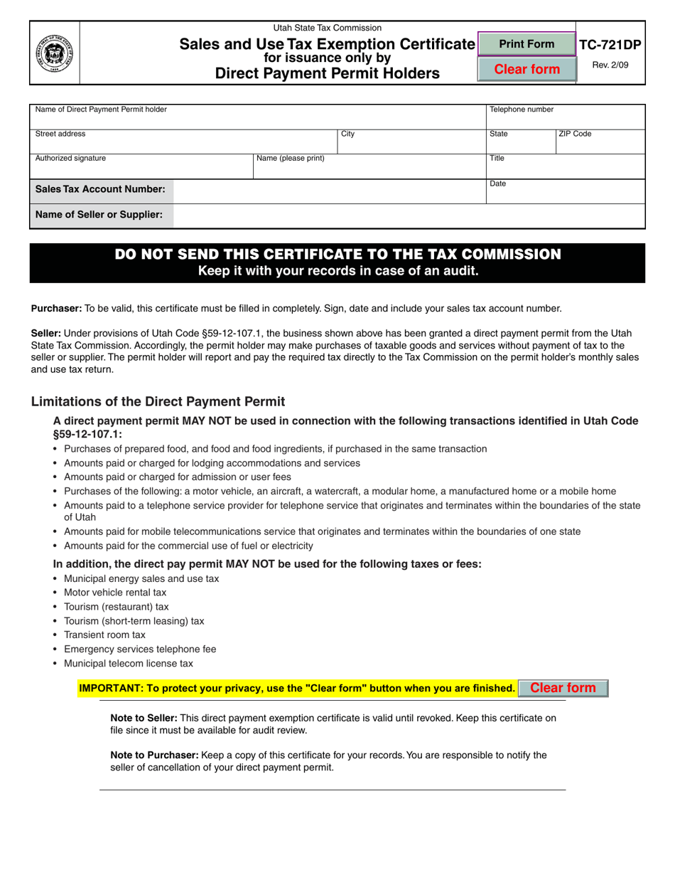 Form TC-721DP Sales and Use Tax Exemption Certificate for Issuance Only by Direct Payment Permit Holders - Utah, Page 1