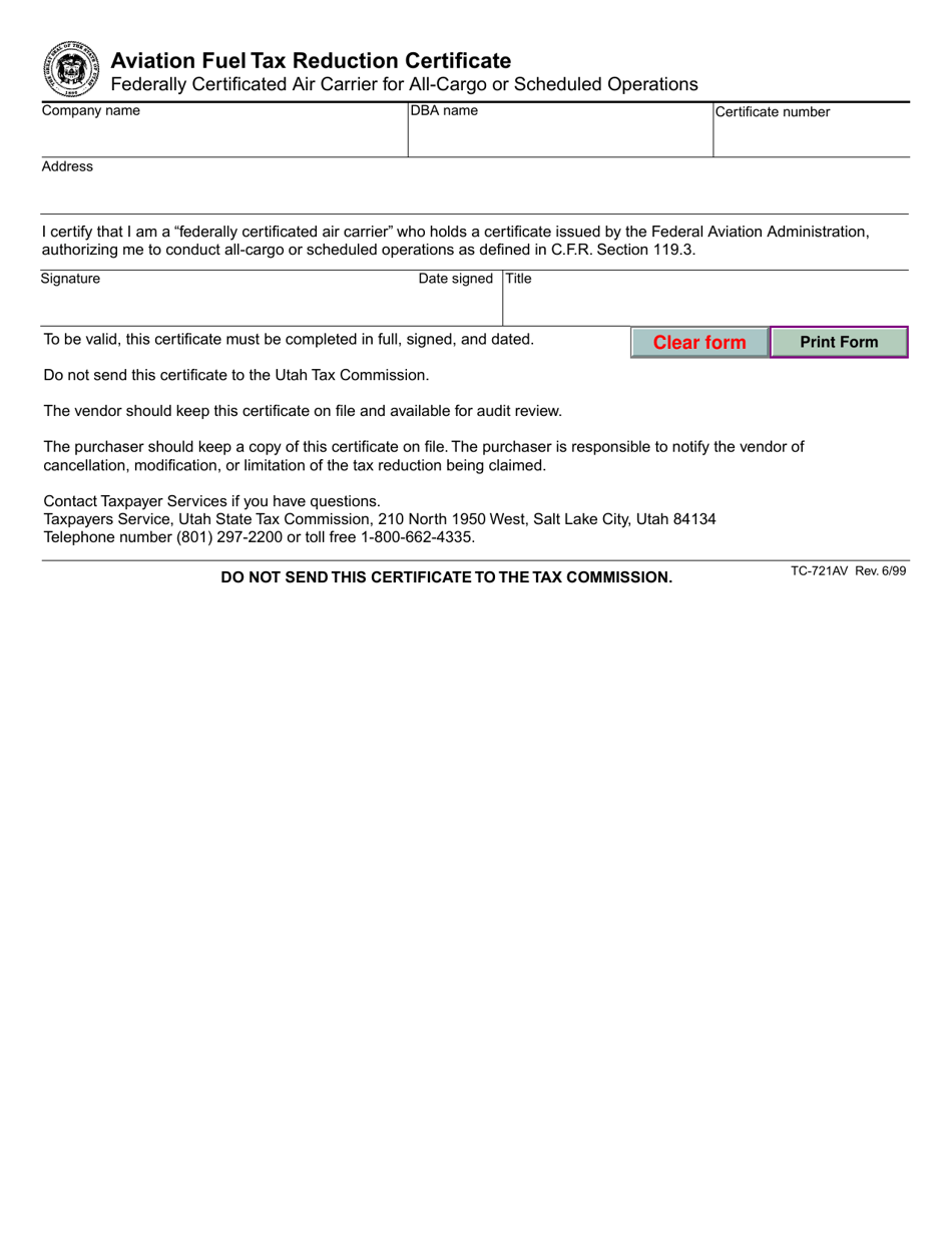 Form TC-721AV Aviation Fuel Tax Reduction Certificate - Utah, Page 1