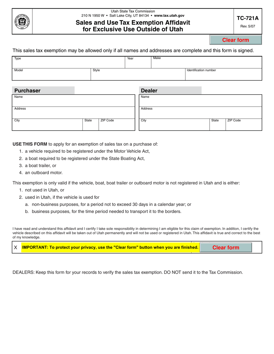Form TC-721A Sales and Use Tax Exemption Affidavit for Exclusive Use Outside of Utah - Utah, Page 1