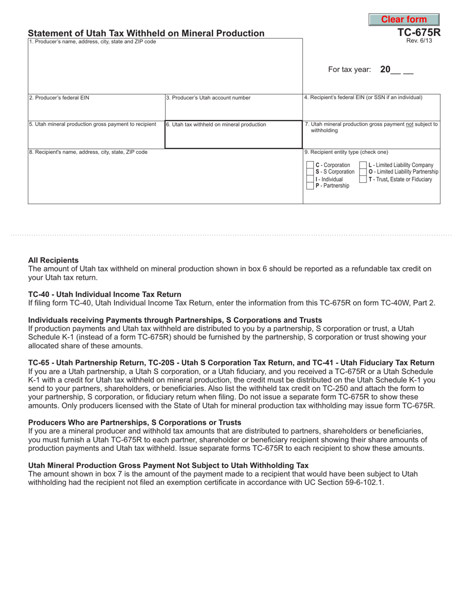Form TC-675R Statement of Utah Tax Withheld on Mineral Production - Utah, Page 1
