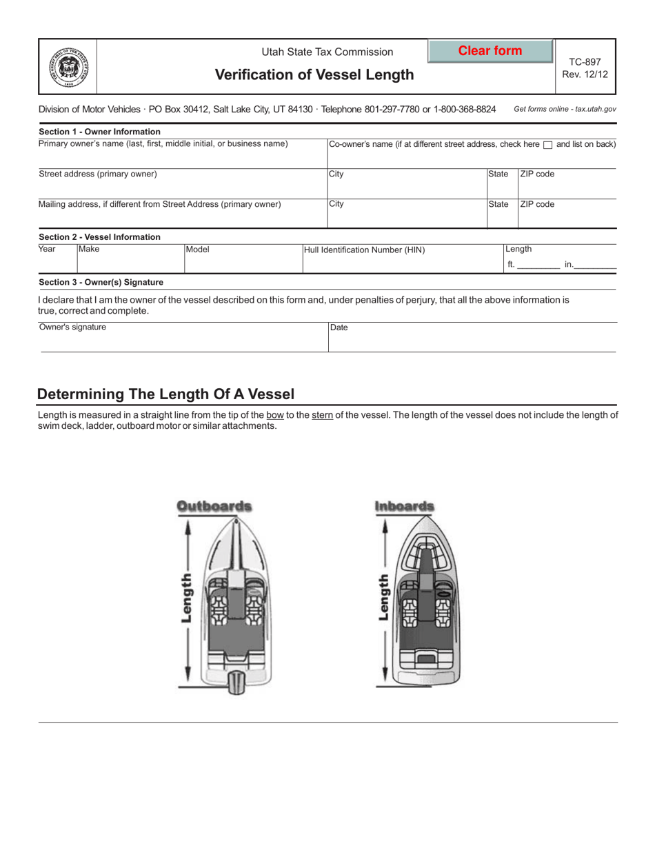 Form TC-897 Verification of Vessel Length - Utah, Page 1