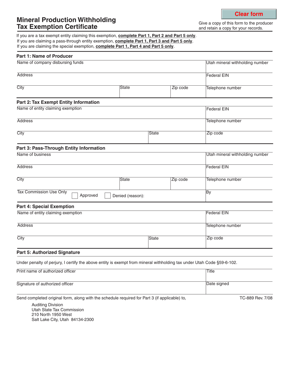 Form TC-889 Mineral Production Withholding Tax Exemption Certificate - Utah, Page 1