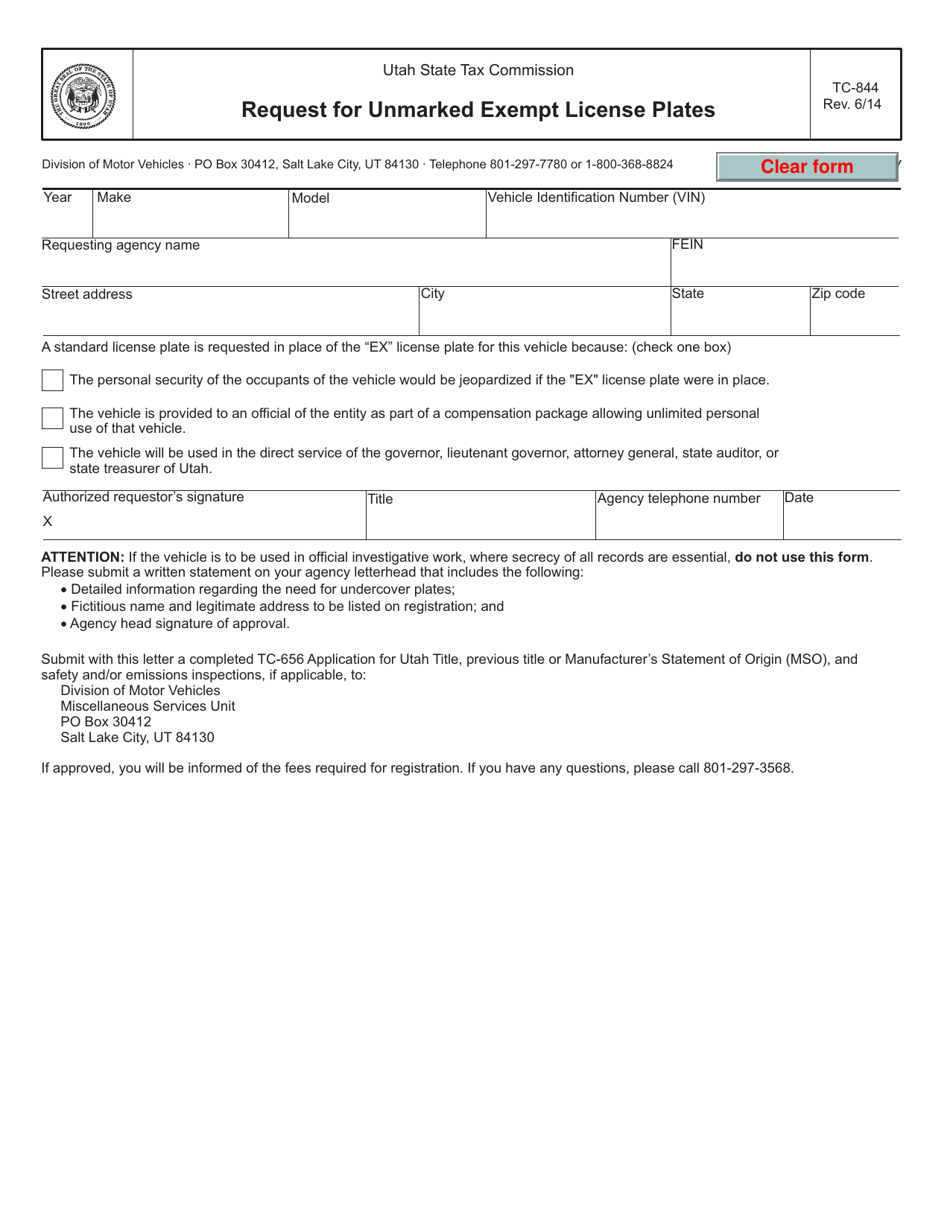 Form TC-844 Request for Unmarked Exempt License Plates - Utah, Page 1